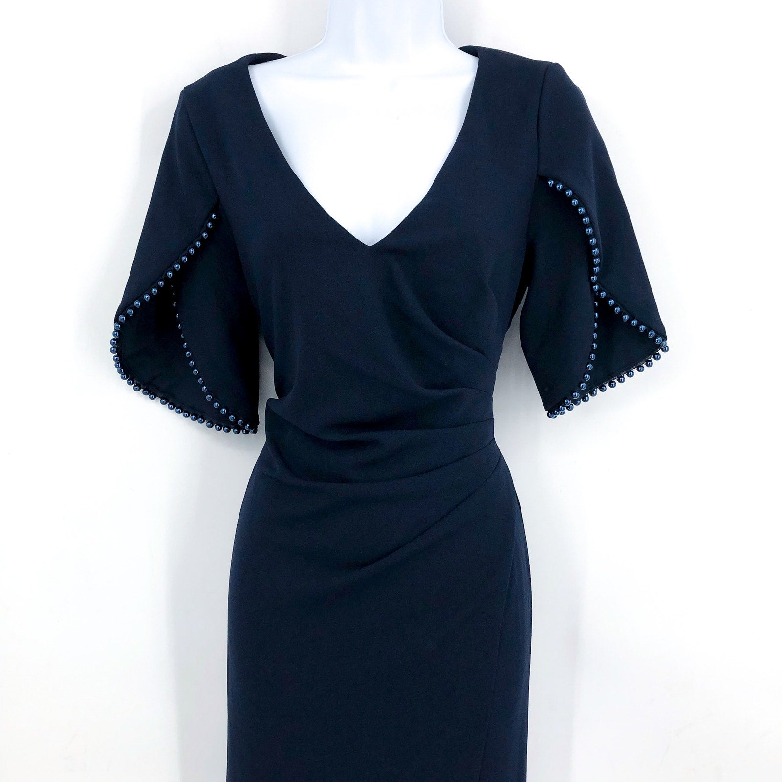 ADRIANA PAPELL Tulip Sleeve Column Gown Size 6 Navy Blue Midnight Pearl NWOT