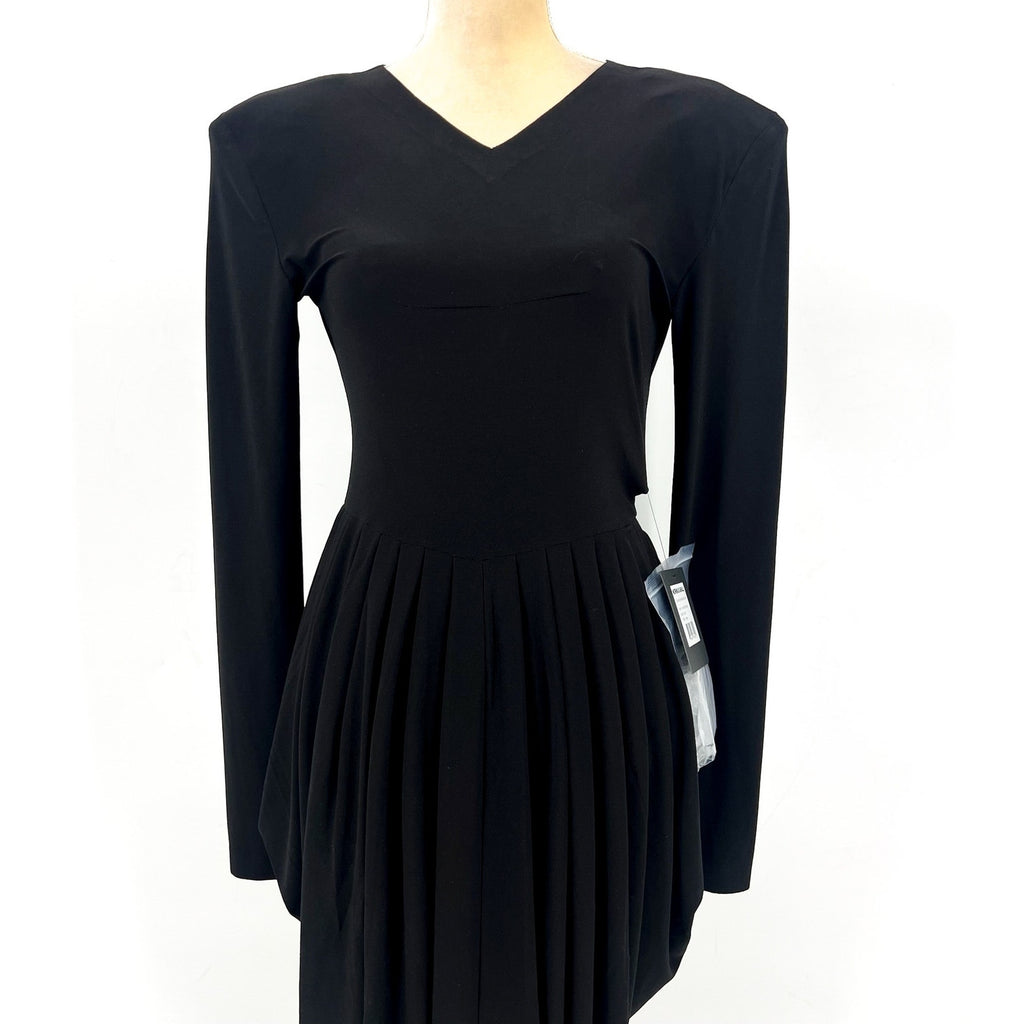 NORMA KAMALI Shoulder Pad Waterfall Dress XS/34 Black V Neck Stretch LS NWT