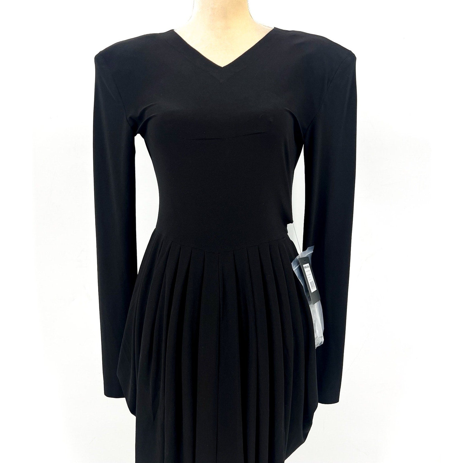 NORMA KAMALI Shoulder Pad Waterfall Dress XS/34 Black V Neck Stretch LS NWT