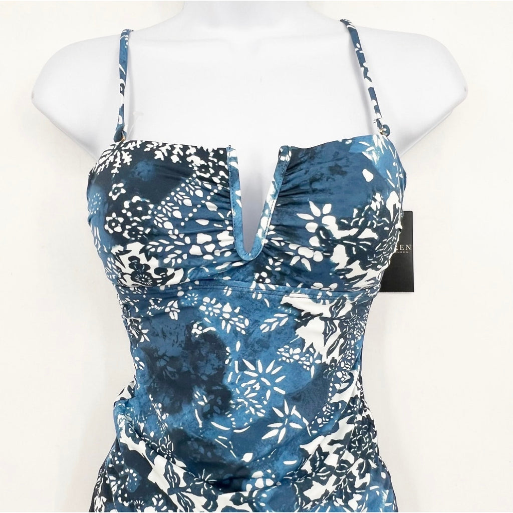 LAUREN RAPLH LAUREN Women's Patchwork Tankini Top Size 8 Blue Indigo NWT
