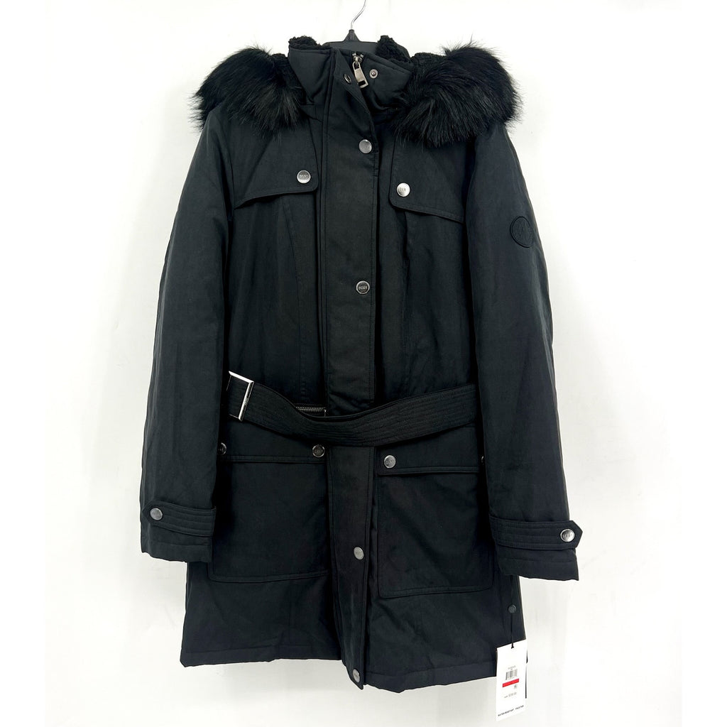 DKNY Women's Faux Fur Hood Anorak Winter Coat XS Black Belted NWT