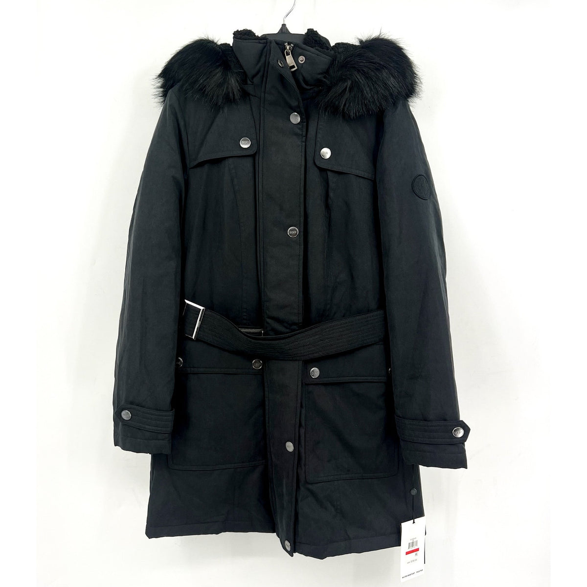 DKNY Women's Faux Fur Hood Anorak Winter Coat XS Black Belted NWT