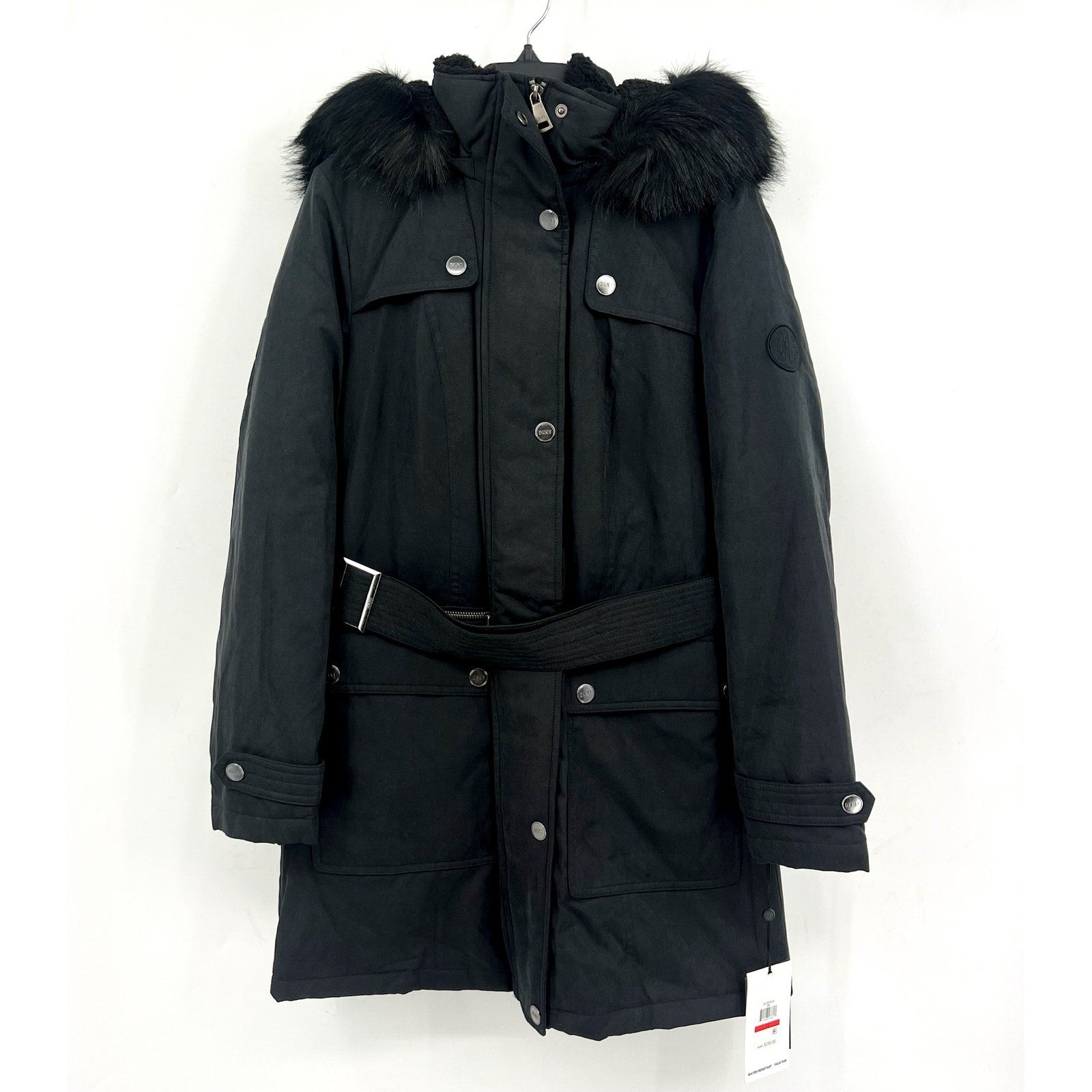 DKNY Women's Faux Fur Hood Anorak Winter Coat XS Black Belted NWT