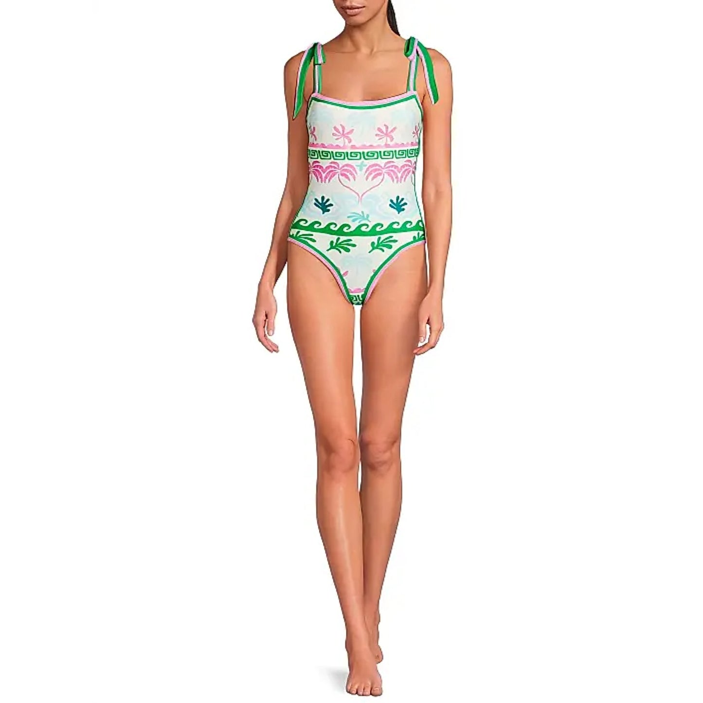 BEACH RIOT Women Shona One Piece Swimsuit Medium White Tropical Palm Tie NWT