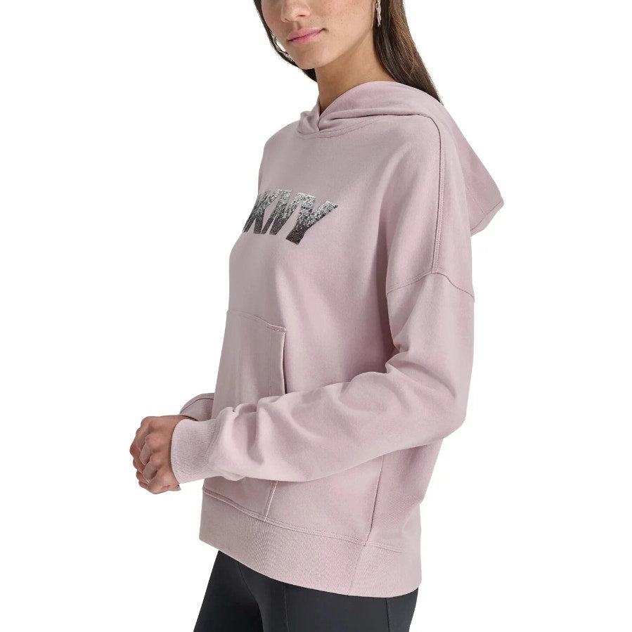 DKNY Women's Sequin Fleece Hoodie Medium Pink Allure Pullover Sweatshirt NWT