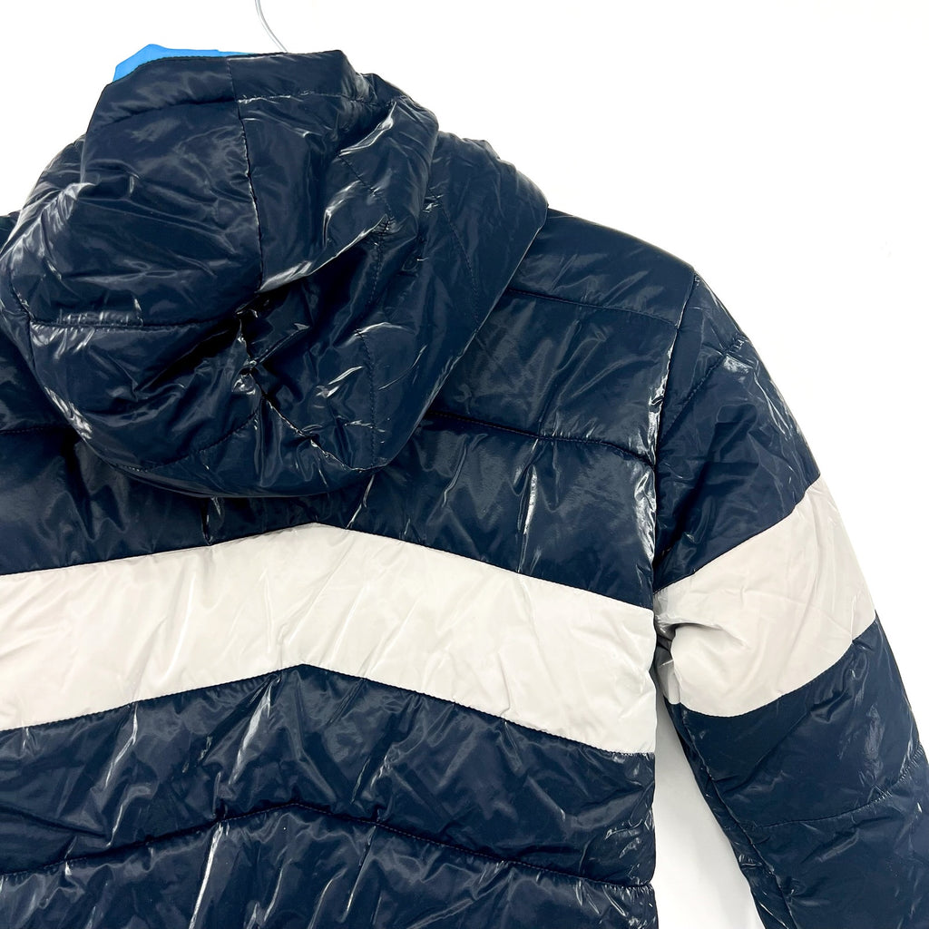 HATLEY Boys Shark Skin Puffer Jacket Size 8 Navy Blue Colorblock Hooded NWT