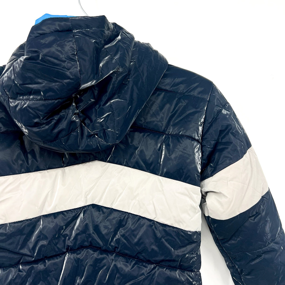 HATLEY Boys Shark Skin Puffer Jacket Size 8 Navy Blue Colorblock Hooded NWT