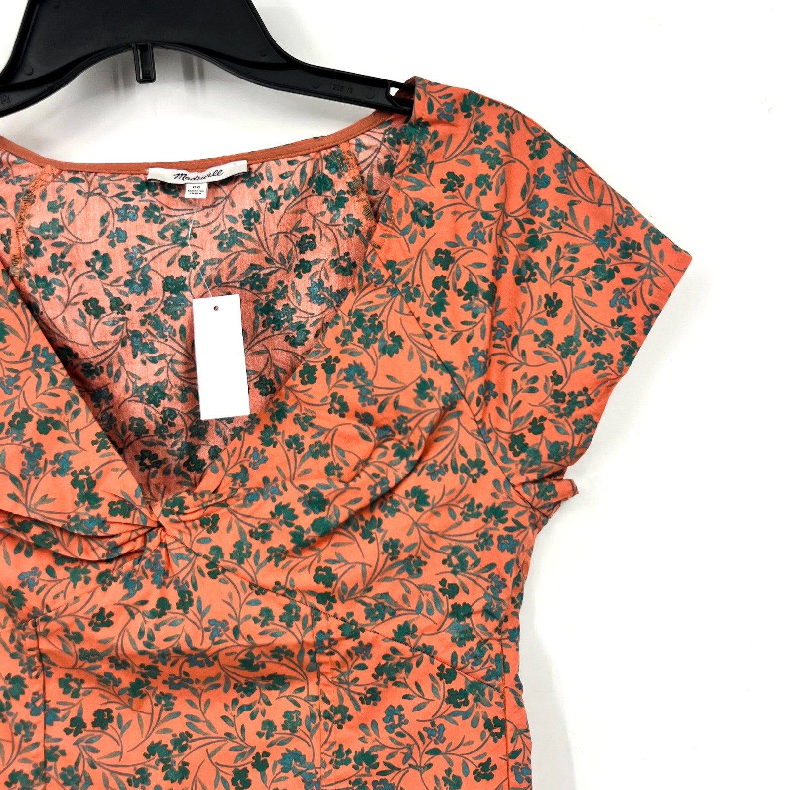 MADEWELL Womens Amari Twist Top Size 00 Orange Floral Short Sleeve NP029 NWT