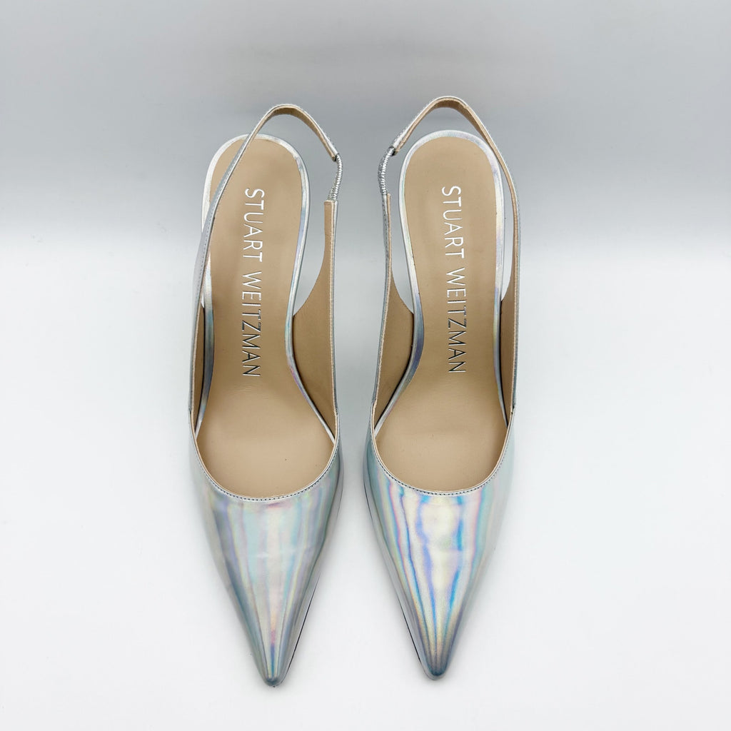 Stuart Weitzman Womens Xcurve 85 Slingback Heels Size 6.5 Silver Sling Back NWOB