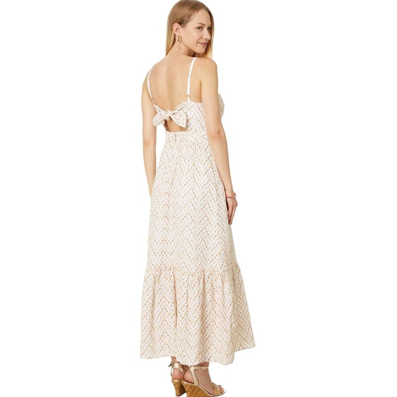LILLY PULITZER Charlese Eyelet Halter Maxi Dress Sz 00 Tan White Sand Bar NWT