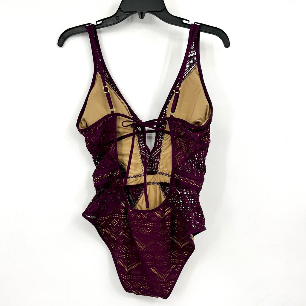BECCA Women's Plunge One-Piece Swimsuit Large Purple Color Play Crochet NWT