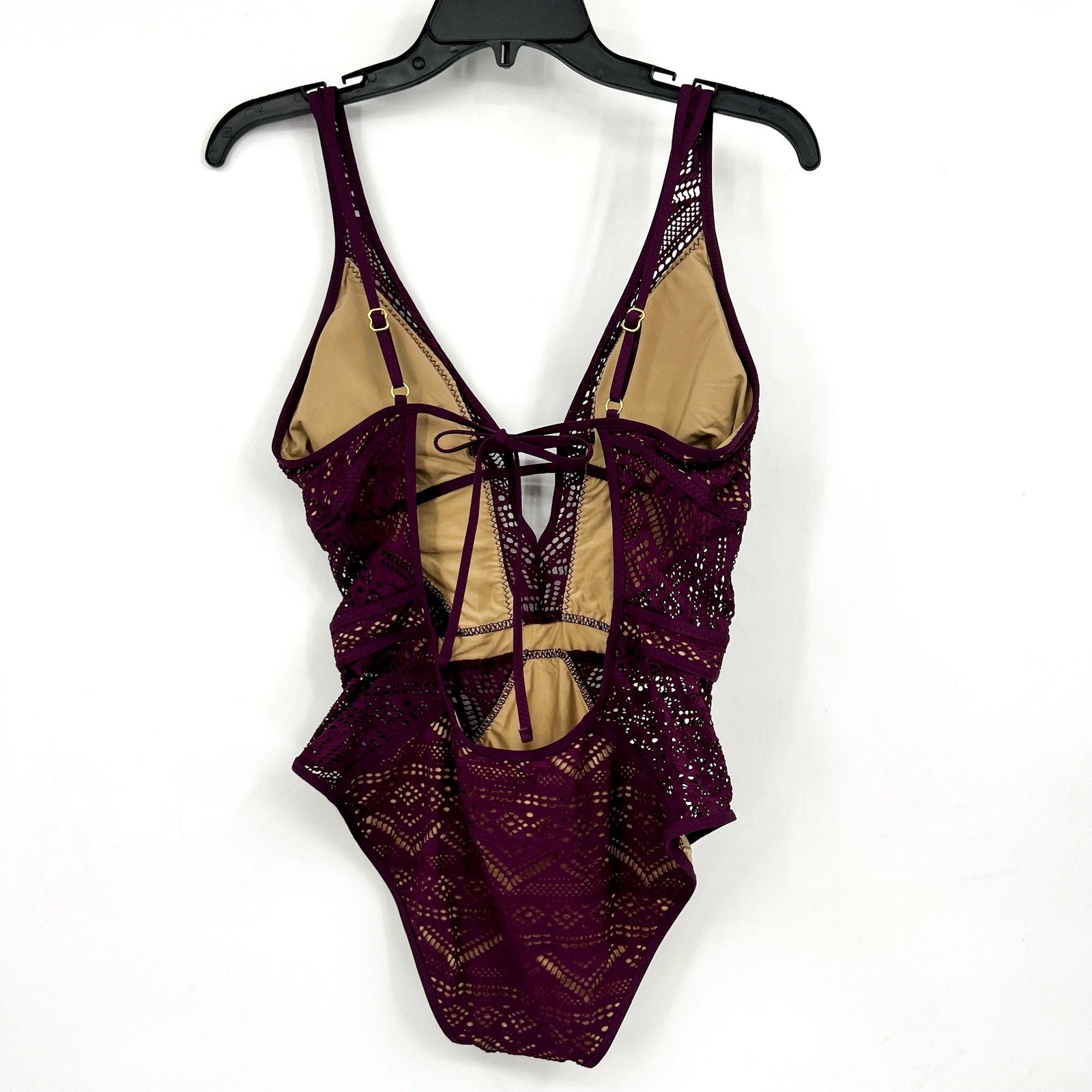 BECCA Women's Plunge One-Piece Swimsuit Large Purple Color Play Crochet NWT