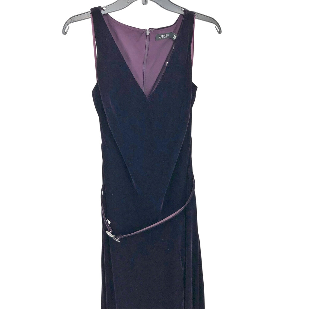 Lauren Ralph Lauren Velvet Evening Dress Size 2 Dark Purple Belt Sleeveless NWT