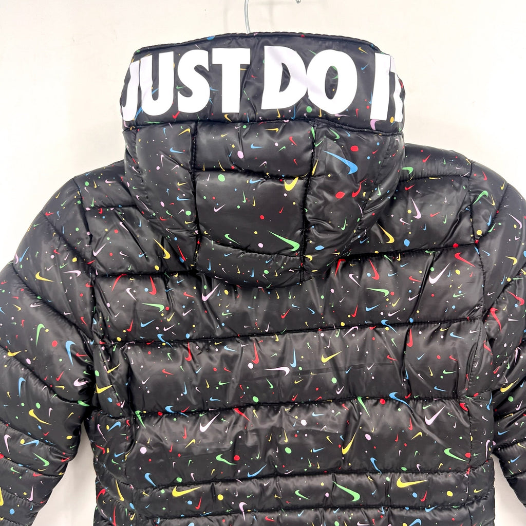 NIKE Girl's Just Do It Printed Puffer Jacket Size 6X Black Confetti NWOT