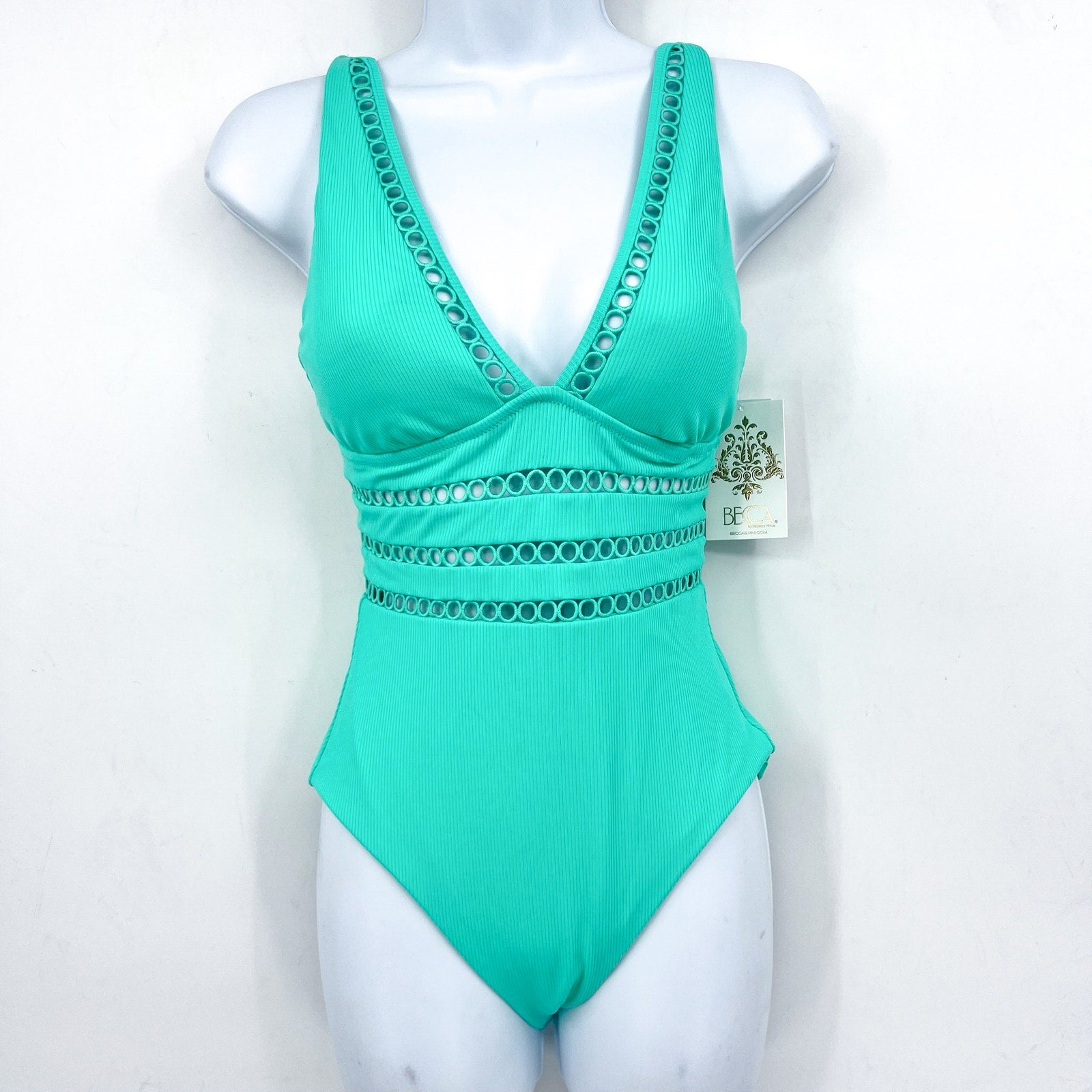BECCA Modern Edge Toni One-Piece Swimsuit Medium Aqua Sea Green Rib Plunge NWT