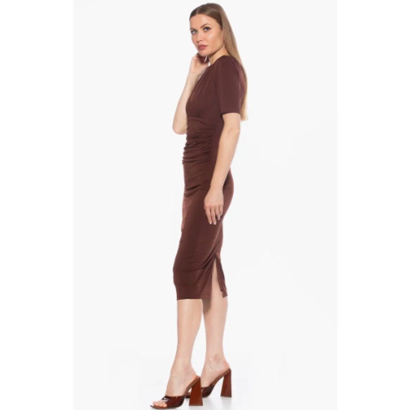 ALEXIA ADMOR Keaton Ruched Sheath Midi Dress Small Brown Short Sleeve NWT
