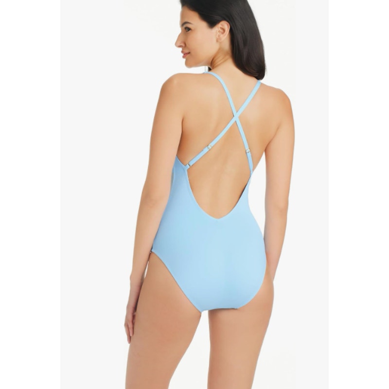 BLEU ROD BEATTIE Don’t Mesh with Me V-Neck One-Piece Swimsuit Size 8 Blue NWT