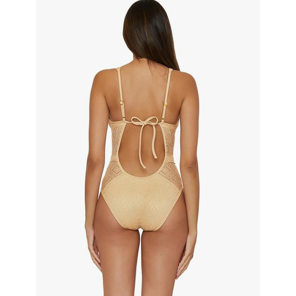 BECCA Women's Polished Crochet Plunge One Piece Swimsuit Small Gold NWT
