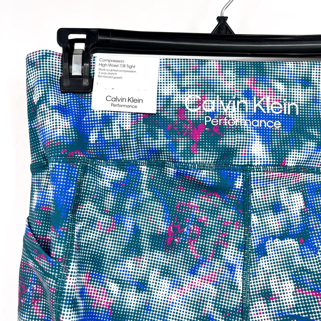 CALVIN KLEIN PERFORMANCE 7/8 Leggings Large Blue Pink Geometric Print NWT