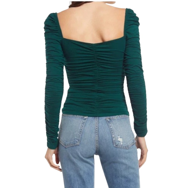 REFORMATION Women's Esra Queen Ann Neck Ruched Blouse Small Emerald Green EUC