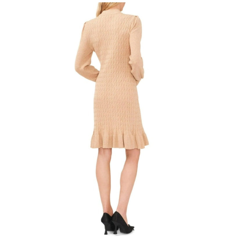 CECE Women's Cable Stitch Sweater Dress Medium Tan Mock Neck Long Sleeve NWT