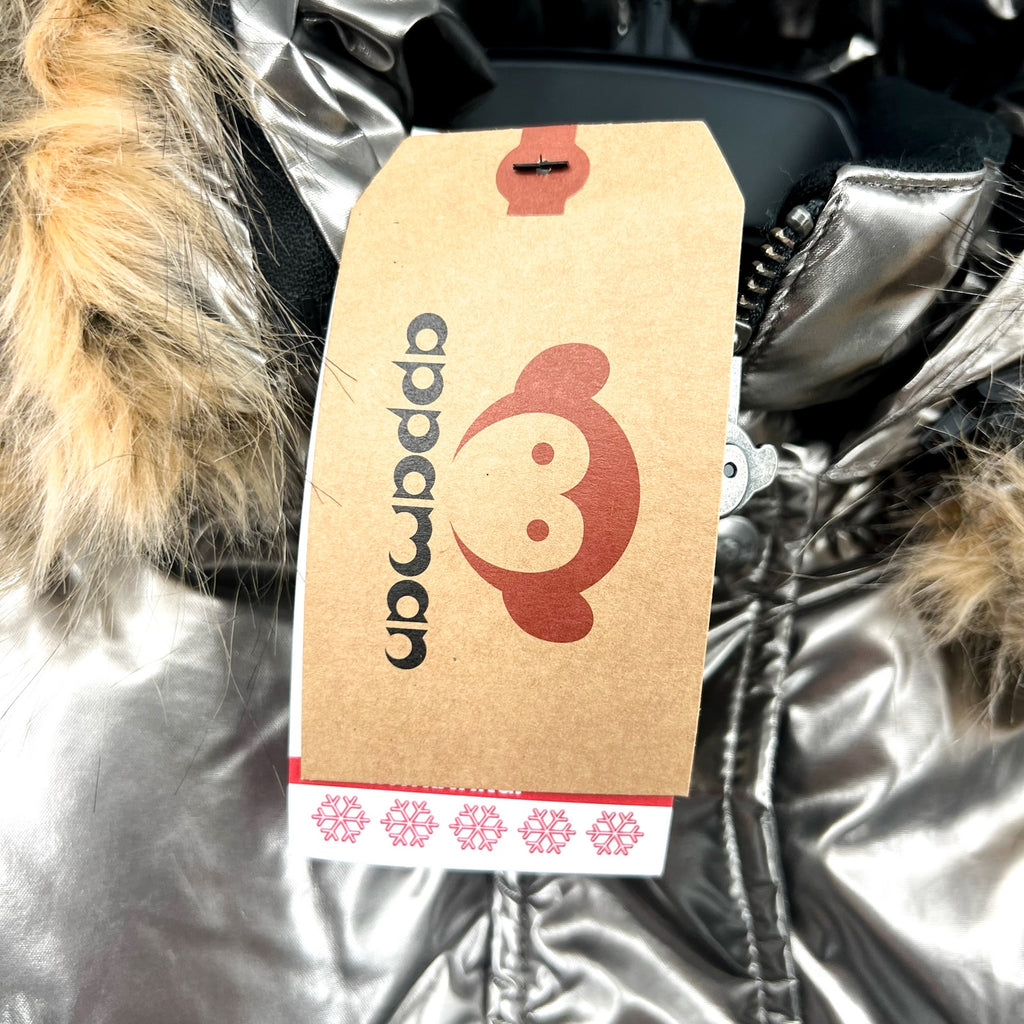 APPAMAN Girls Kyla Puffer Coat Size 14 Silver Lustrous Metallic Faux Fur NWT