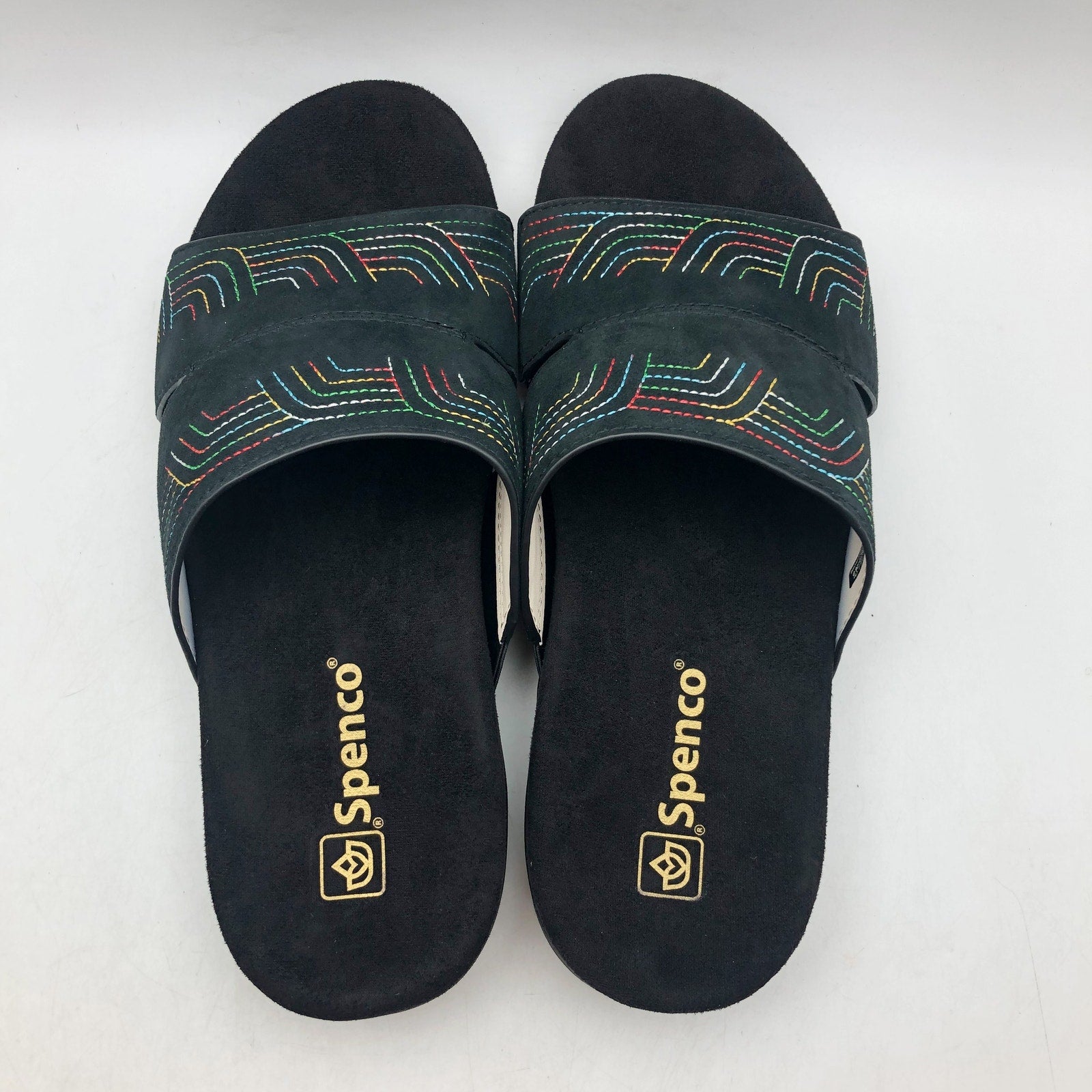 Spenco Womens Twilight Ellie Slide Sandals US 9 WIDE Black Space Dye Leather NIB