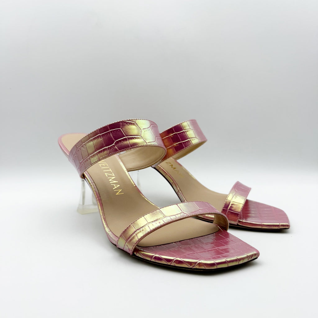 Stuart Weitzman Kristal Heeled Sandals Size 9 M Pink Iridescent Leather NIB