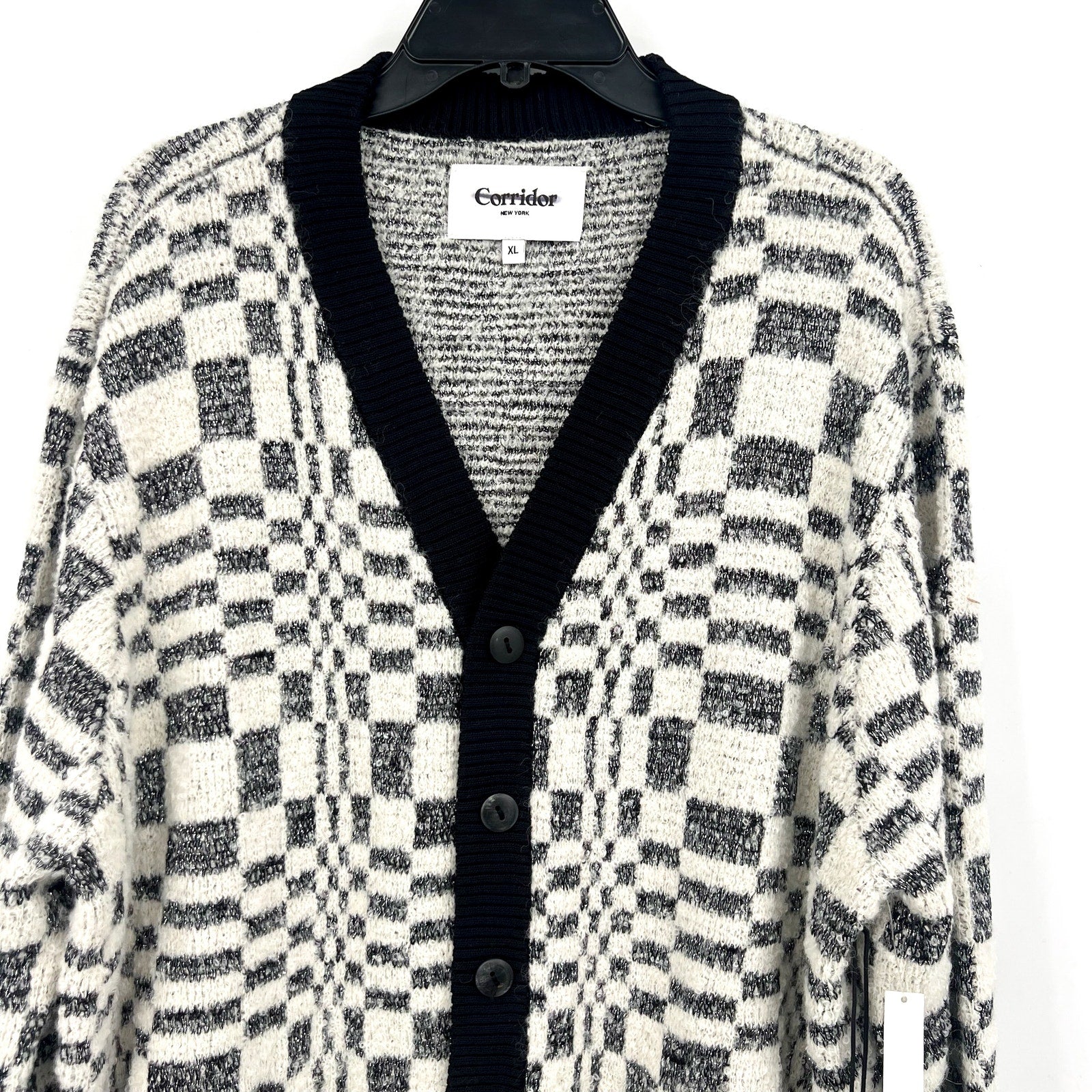 Corridor Mens Optic Alpaca Cardigan XL Black Check Print Sweater NH809 NWT