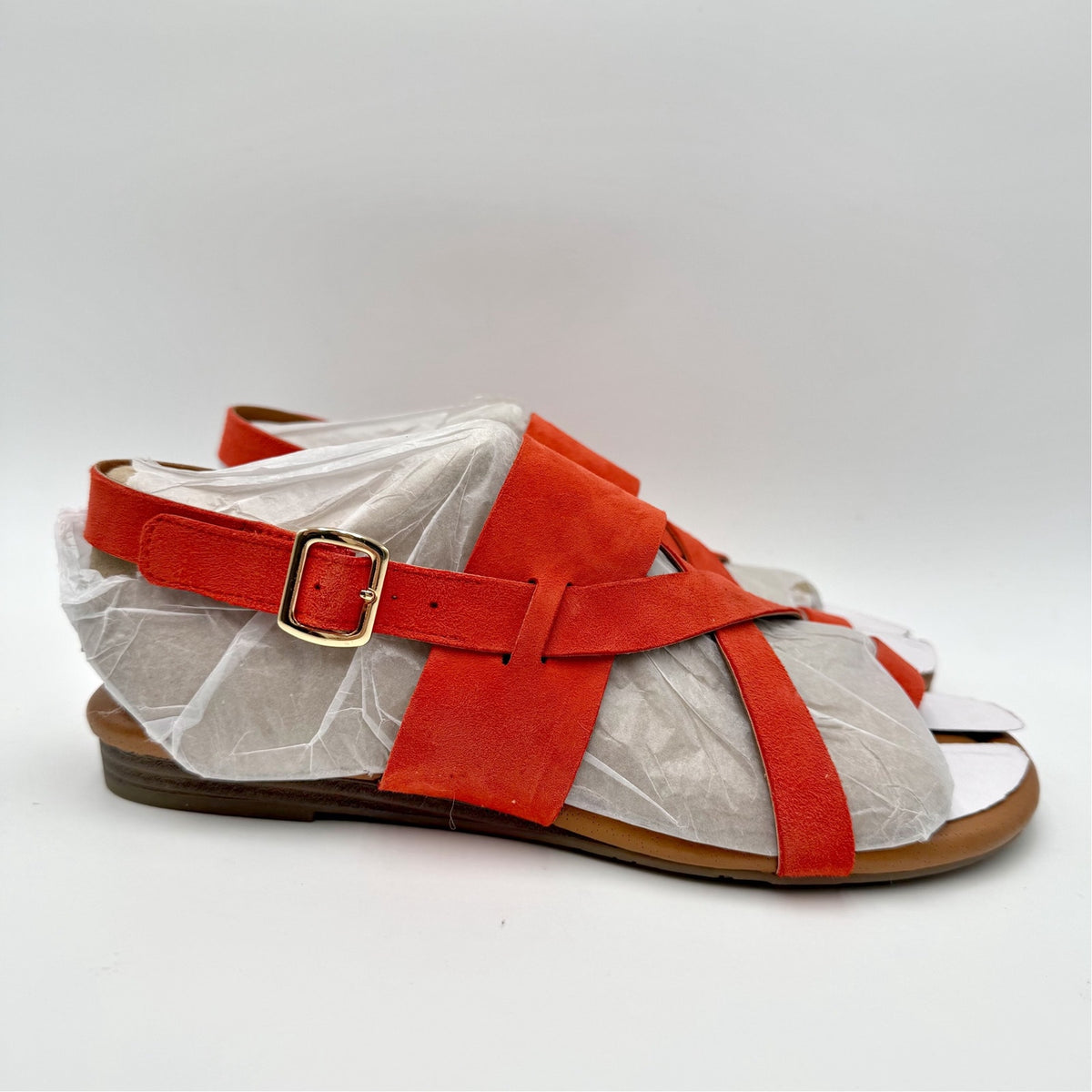 Franco Sarto Womens Gia Flat Sandals Size 7.5 M Orange Red Coral Suede NWOB