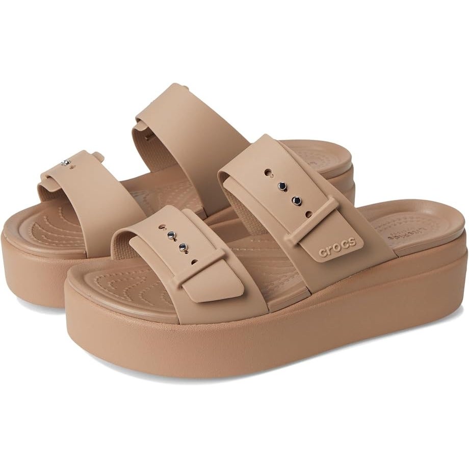 Crocs Womens Brooklyn Buckle Low Wedge Sandals Size 5 EU 34-35 Latte Brown NWT