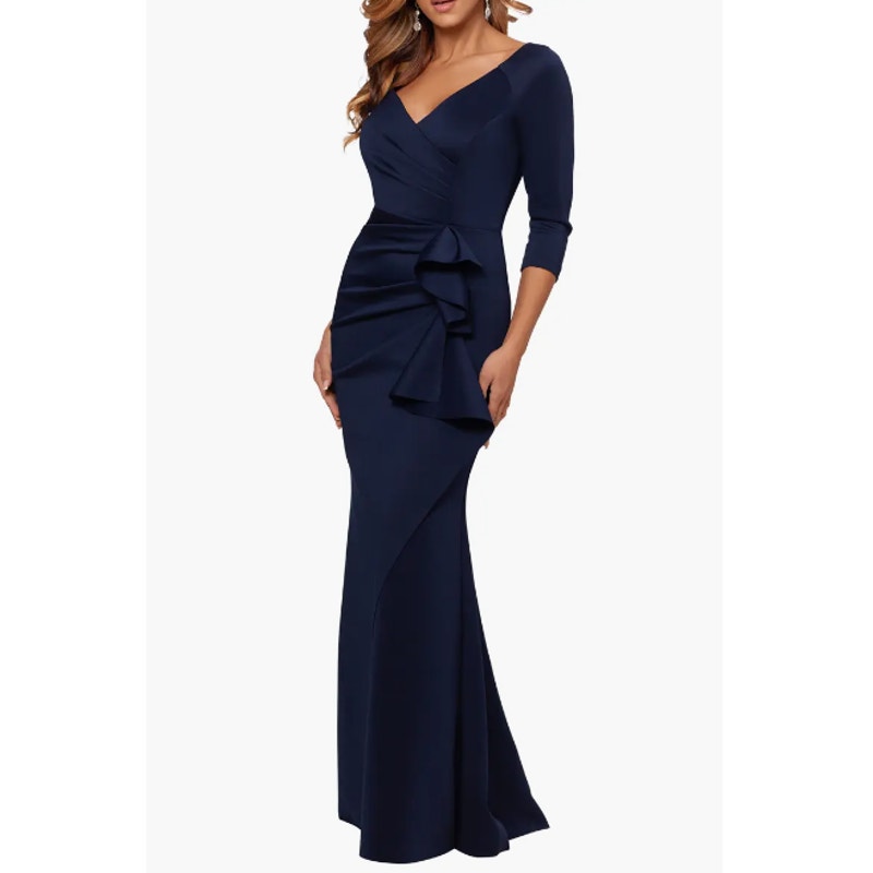 XSCAPE Women's Ruched Scuba Ruffle Gown Size 8 Midnight Blue 3/4 Sleeves NWT