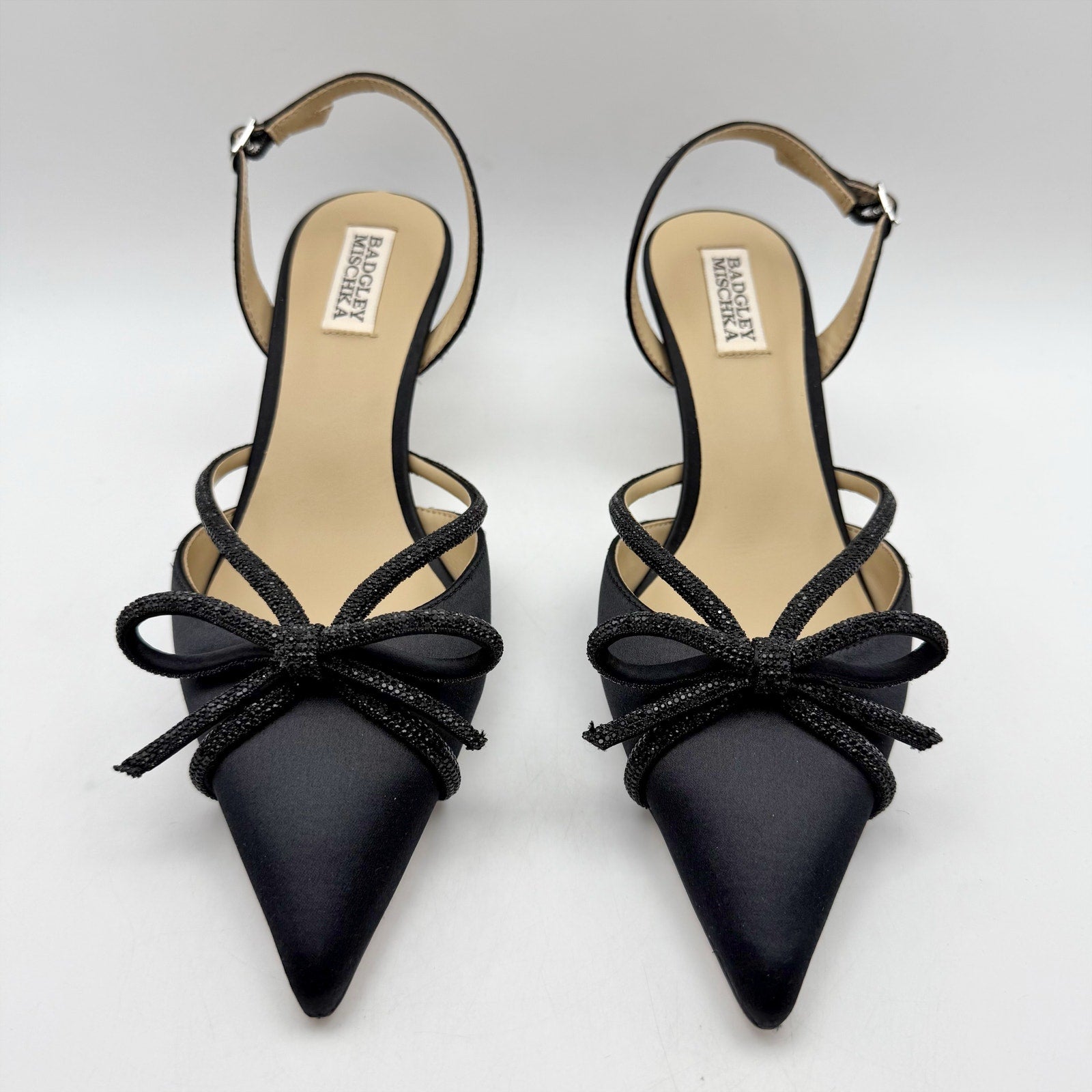Badgley Mischka Womens Angelina Heels US 7.5 Black Satin Rhinestone Sandals NIB