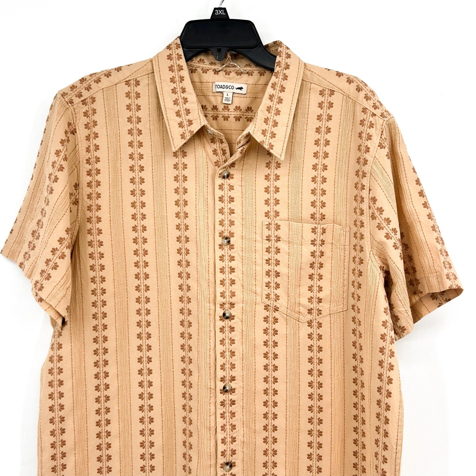 TOAD & CO Men's Treescape Short Sleeve Casual Shirt Large Tan Chai Geo Dobby NWT