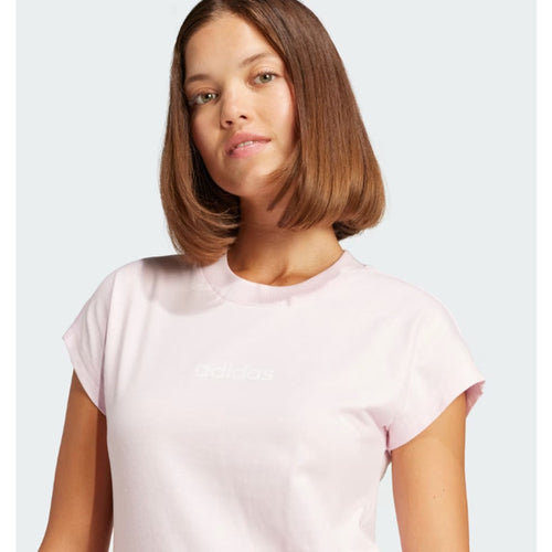 ADIDAS Women's Essentials Linear Cotton Tee Medium Pink White Short Sleeve NWT