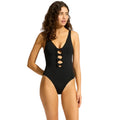 SEAFOLLY Women's Bow-Front One-Piece Swimsuit Size 8 Black High Leg NWT