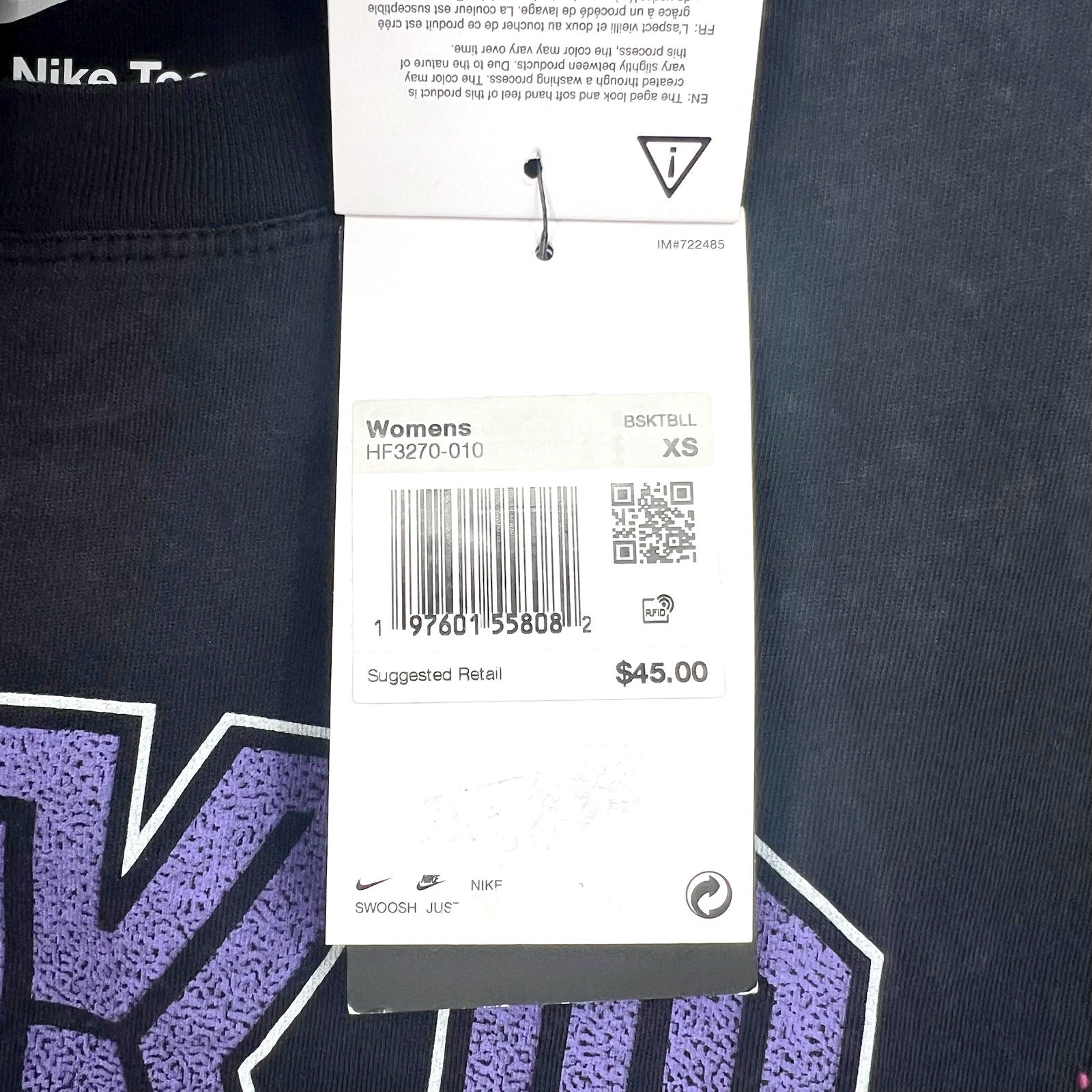 NIKE Women's Basketball 1973 Graphic T-Shirt XS Black/Purple Short Sleeve NWT