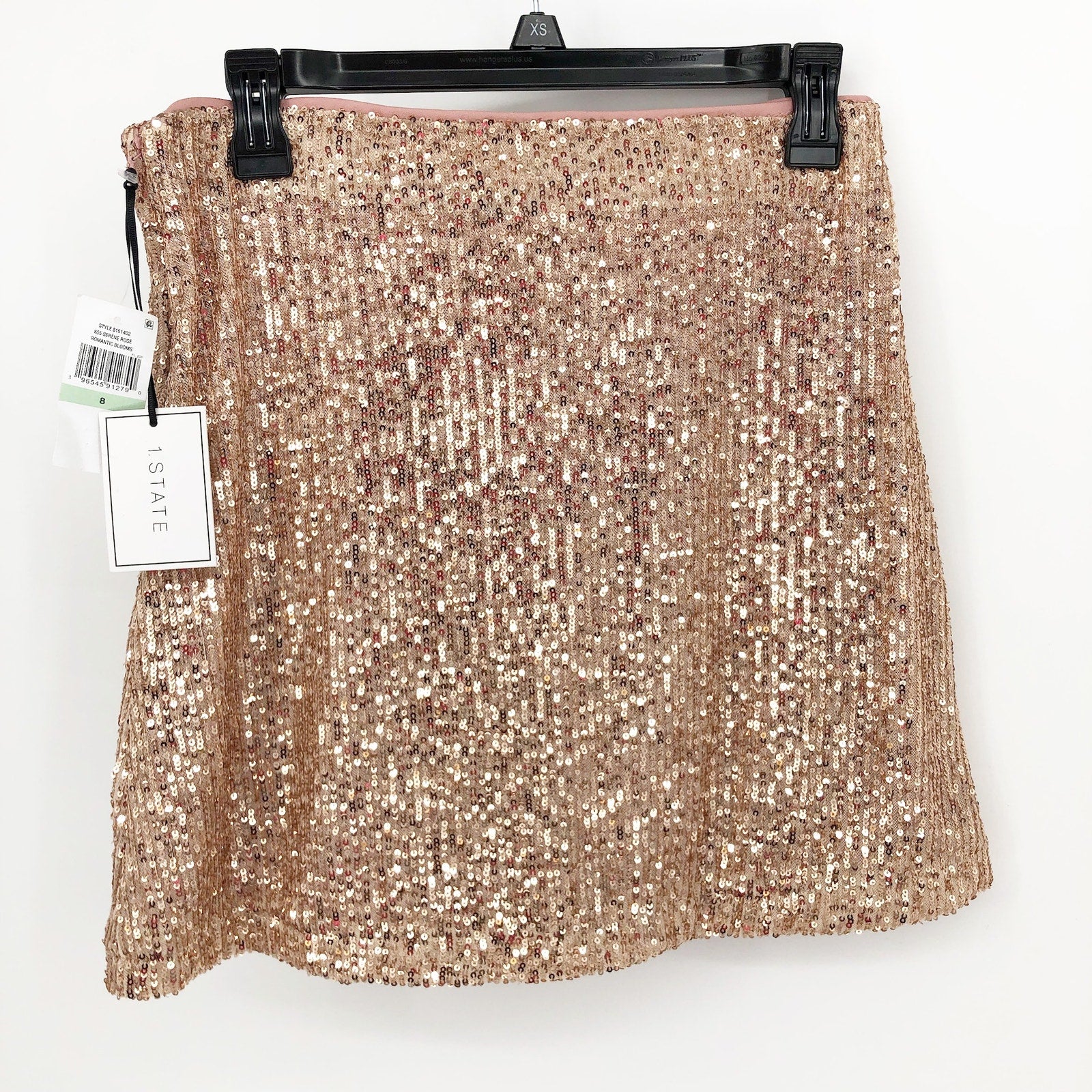 1.STATE Womens Sequin Mini Skirt 8 Champagne Side Zip Lined Party NWT
