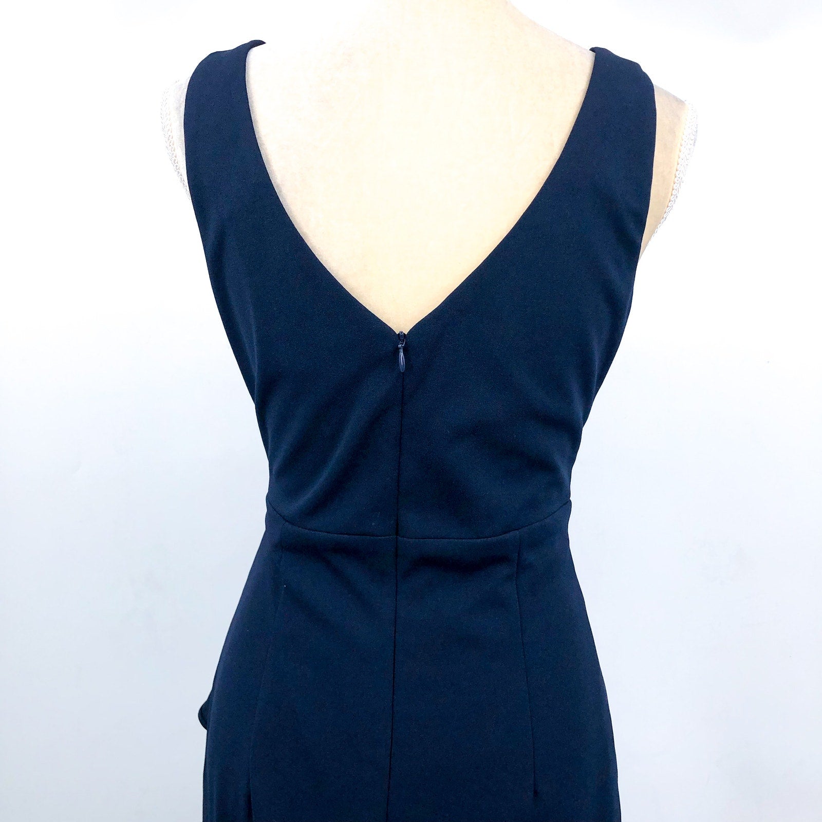 BETSY & ADAM Candace Long Cascade Dress 10 Navy Blue V- Neck Hi Low Crepe NWOT