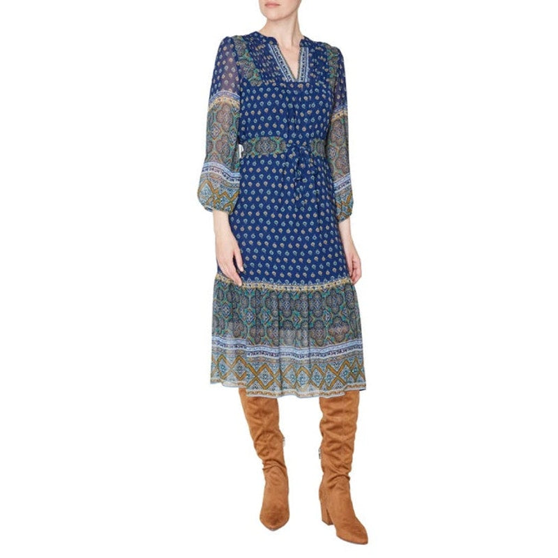 JULIA JORDAN Women's Boho Midi Dress Size 12 Navy Blue Mixed Paisley NWT