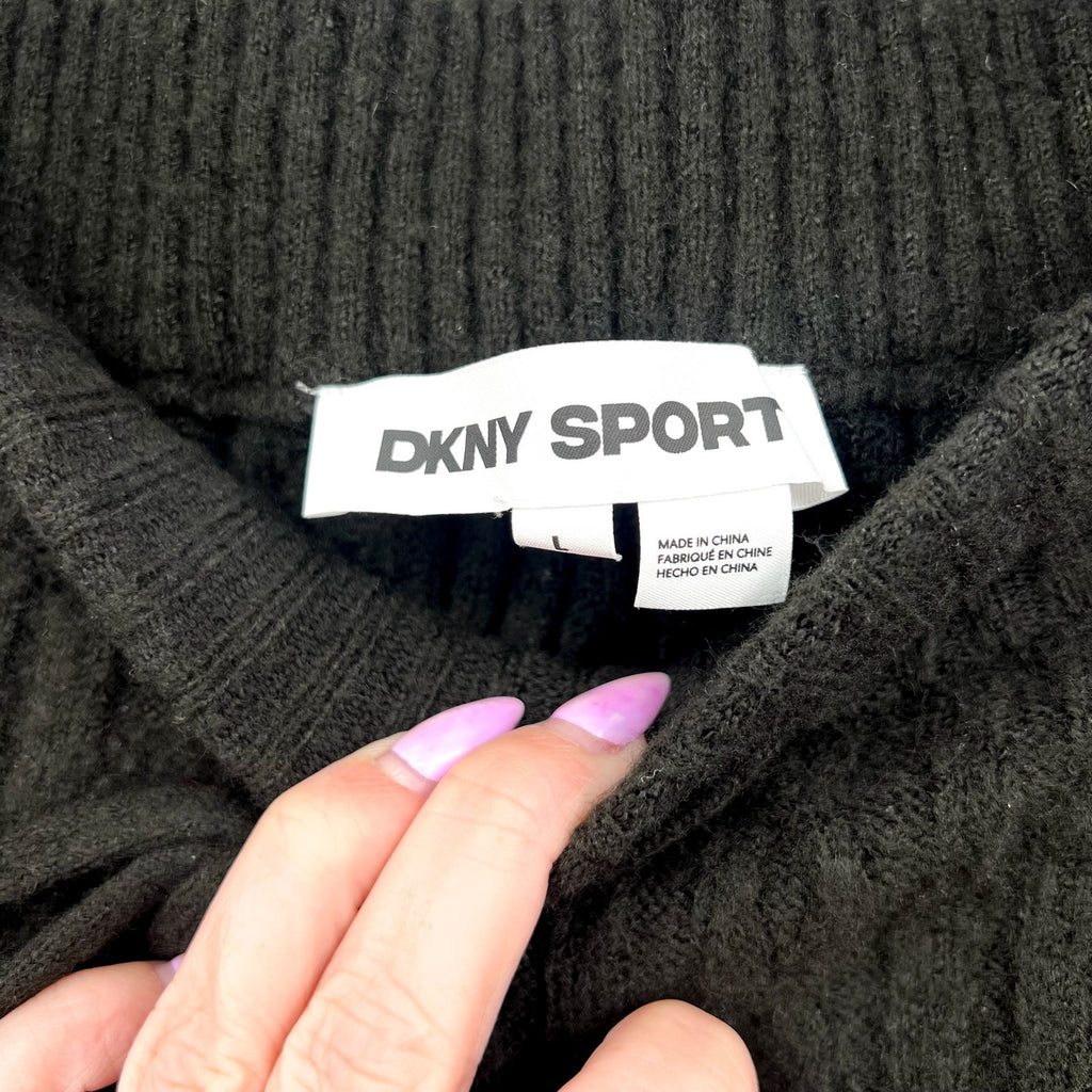 DKNY Womns Cozy Cable Sweater Knit Jogger Large Black Drawstring NWT