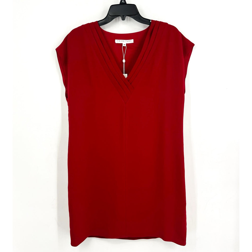 TRINA TURK Womens Zula Casual Midi Dress US Medium Red Pleated Cap Sleeve NWT