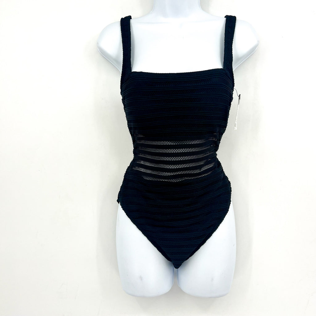LAUREN RALPH LAUREN Ottoman One-Piece Swimsuit Size 14 Black Mesh Stripe NWT