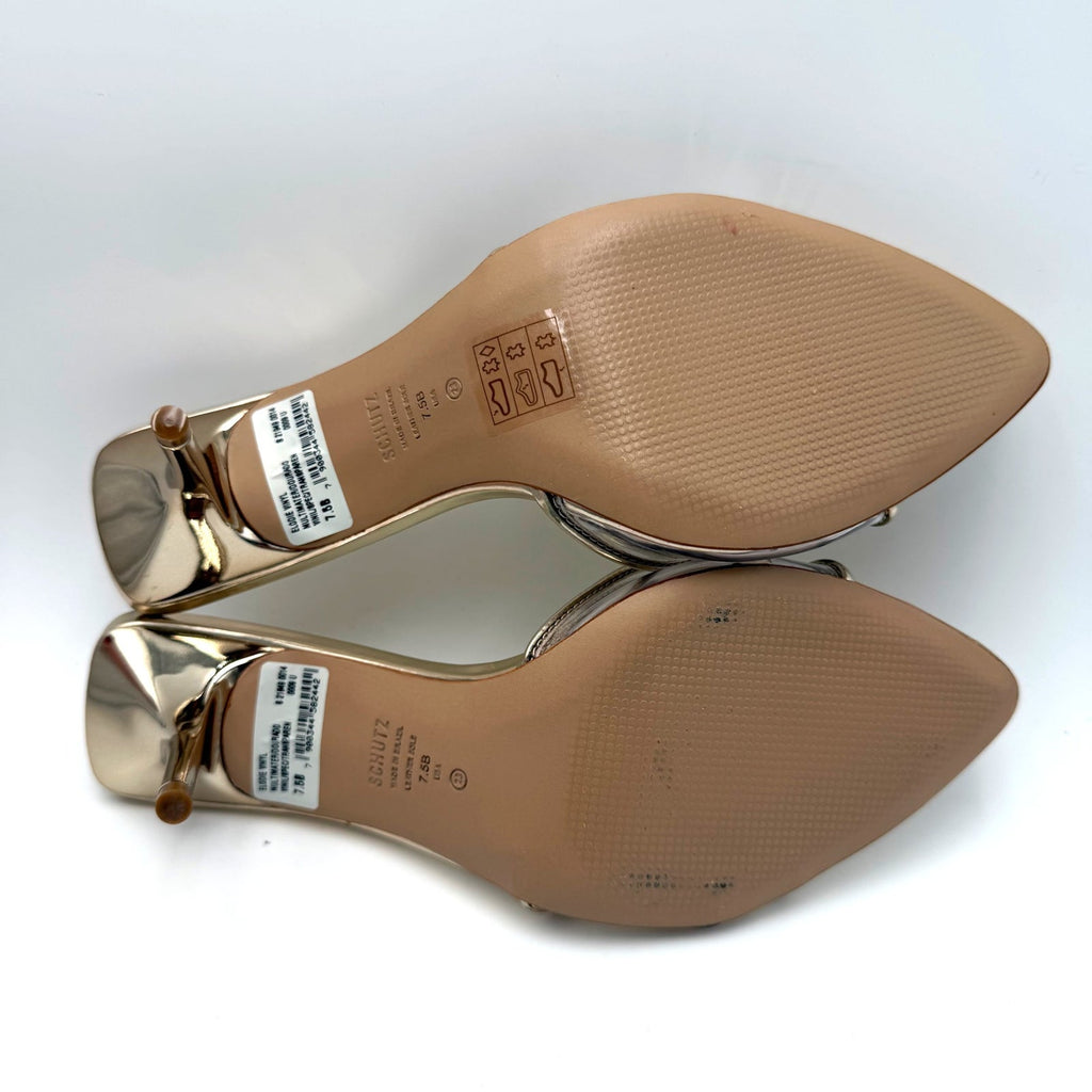Schutz Womens Elodie Vinyl Heeled Mule Sandals Size 7.5 Platinum Gold NIB