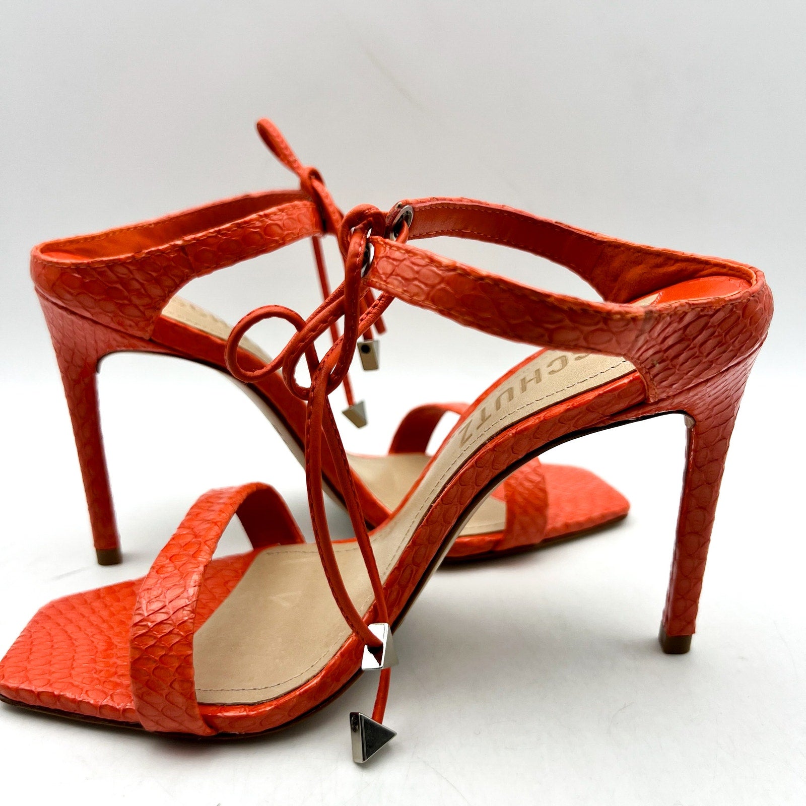 Schutz Womens Mavis Heel Sandal Size 5.5 Snake Shine Bright Orange Leather NIB
