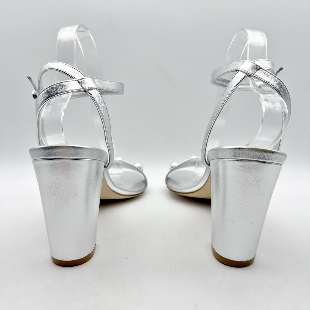 Stuart Weitzman Women Nearlybare Portia Heeled Sandal US 9 B Silver Leather NWOB