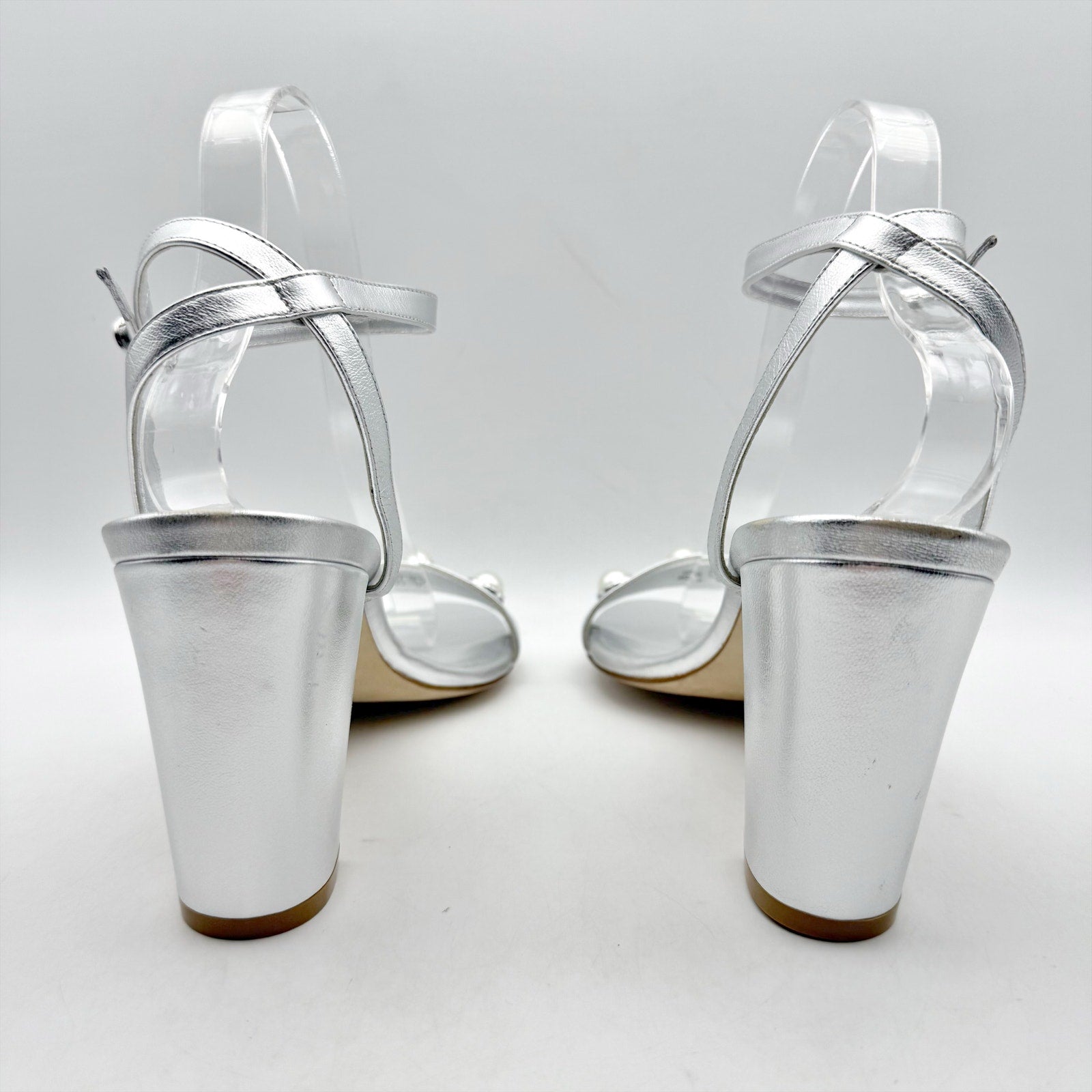 Stuart Weitzman Women Nearlybare Portia Heeled Sandal US 9 B Silver Leather NWOB