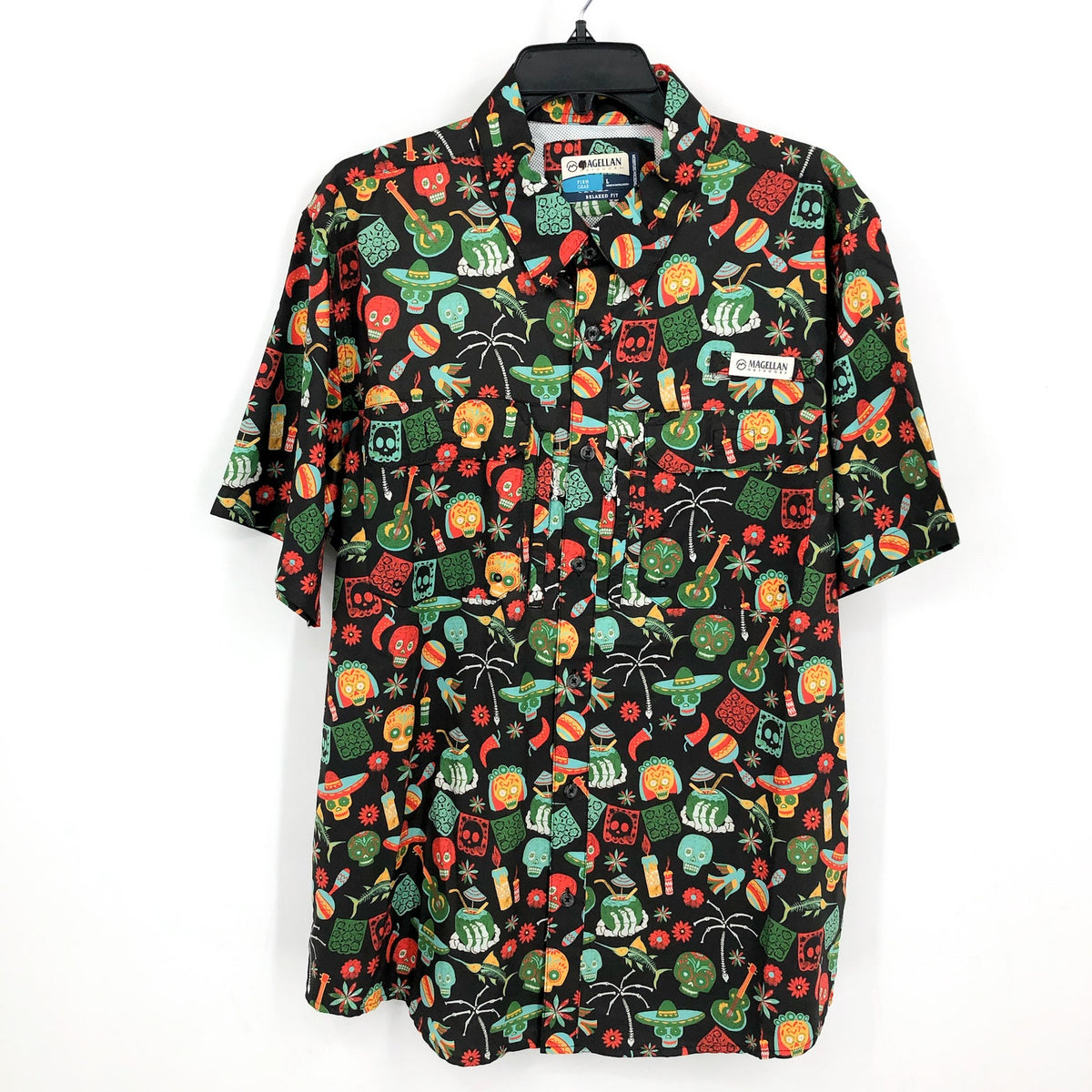 MAGELLAN Dia De Los Muertos Print Fishing Shirt XS Black Short Sleeve NWOT