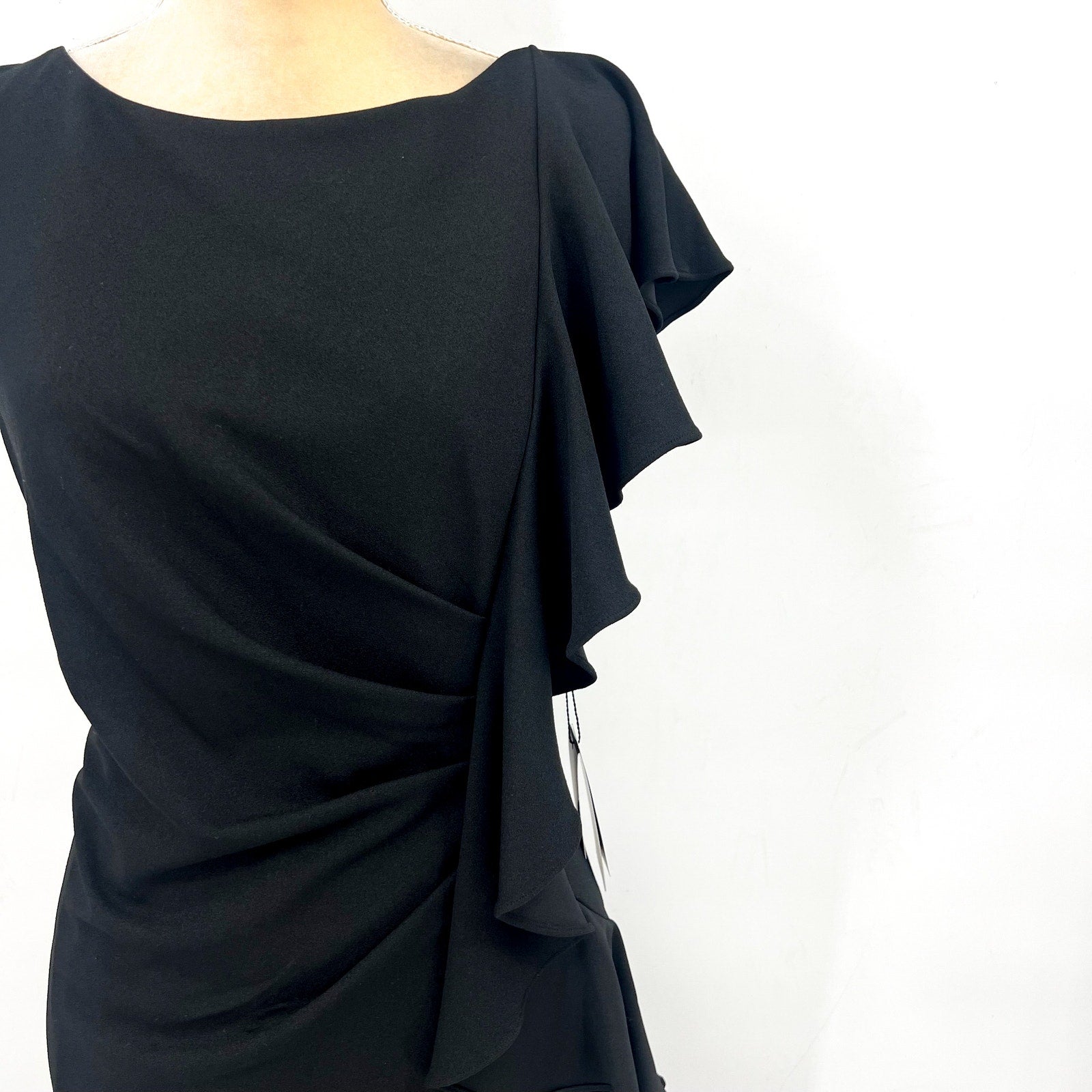 ADRIANA PAPELL Women's Waterfall Ruffle Crepe Dress Size 16 Black Cocktail NWT