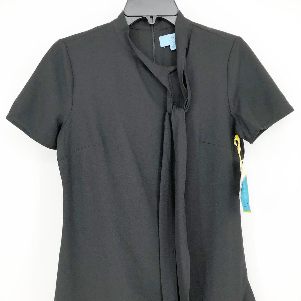 CECE Ruffled Bow Neck Mini Dress Size 10 Black Short Sleeve Fit & Flare NWT